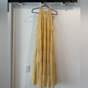 Entro yellow/white maxi is so pretty & feminine. High neck with ruffle to start!